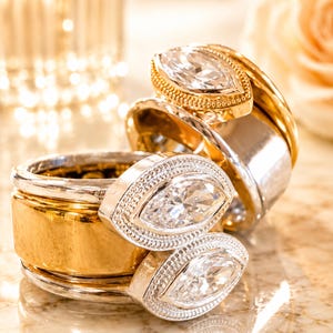 East West Marquise Smart Ring Jacket: Sterling Silver, Moissanite, Milgrain Detail