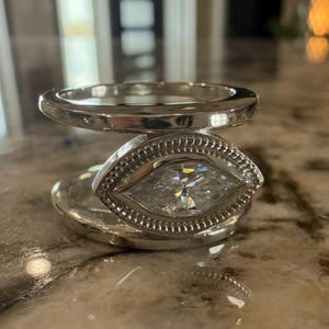 East West Marquise Smart Ring Jacket: Sterling Silver, Moissanite, Milgrain Detail