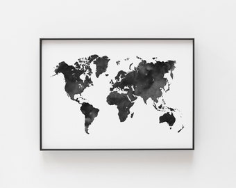 Black And White World Map Etsy