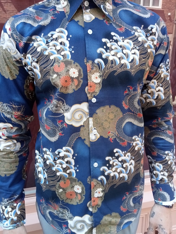 Blue Dragon and Waves, Slim Fit Mens Button up Shirt UK