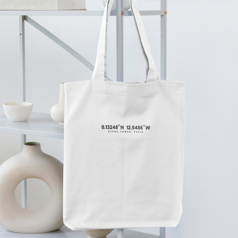 Custom coordinates and location embroidered tote from Etsy seller beigeandbluestore