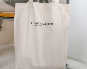 Custom Coordinates and Location Embroidered Tote Bag - gift, personalised, organic, recycled