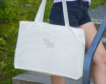 Custom Varsity Initials Large Embroidered Tote Bag - gift, personalised, name, letter, organic, recycled