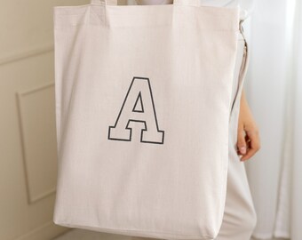 Custom Varsity Initial Embroidered Tote Bag - gift, personalised, name, letter, organic, recycled