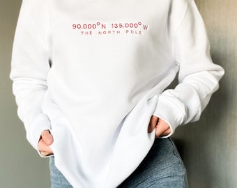 Custom 'North Pole' Coordinates Embroidered Christmas Sweatshirt - sustainable, jumper, festive, personalised, unisex, crewneck, sweater