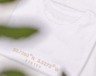 Custom Location Coordinates Embroidered T-Shirt | Meaningful Gift | Personalised T-Shirt | Custom T-Shirt | Organic T-Shirt | Sustainable