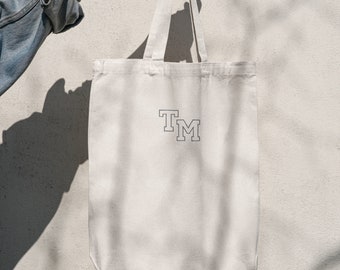 Custom Varsity Initials Embroidered Tote Bag - gift, personalised, name, letter, organic, recycled