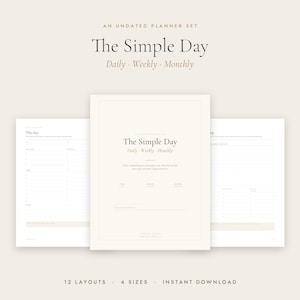 May include: An undated planner set titled The Simple Day, featuring daily, weekly, and monthly layouts. The design uses a cream background with dark text, including sections for tasks, schedules, and notes. The set includes 12 layouts and 4 sizes.