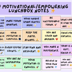 Notas de la lonchera imprimibles - 40 mensajes motivacionales e inspiradores - Afirmaciones diarias - Tarjetas sorpresa a la hora del almuerzo - Loncheras Bento