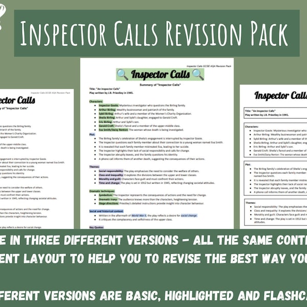 Inspector Calls Revision Guide English Literature GCSE Revision Characters, Themes & Context Revision Guide Quotes + Short Revision Notes