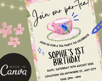 Tea Party Invitation Template, Editable Canva Par-Tea Birthday Invite, Printable Floral Garden Party Invitation, Instant Download