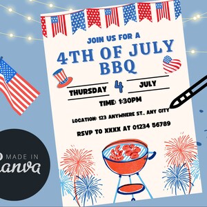 Peut inclure: Une invitation à un barbecue du 4 juillet avec des couleurs rouge, blanc et bleu. L'invitation présente un barbecue avec des hot-dogs, des feux d'artifice et le texte "JOIN US FOR A 4TH OF JULY BBQ". La date est "THURSDAY 4 JULY" et l'heure est "1:30PM". Le lieu est "123 ANYWHERE ST., ANY CITY" et le RSVP est "RSVP TO XXXX AT 01234 56789".