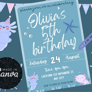 Editable Canva Axolotl Birthday Party Invitation | Printable Kids Axolotl Invite | Cute Axolotl Theme for Boys and Girls | Digital Download