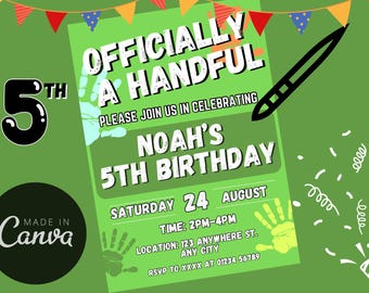 Personalized Boys 5th Birthday Invitation, Officially a Handful, Editable Fifth Birthday Party Invite, Finger Painting Theme