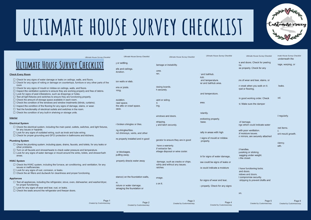 Home Inspection Checklist House Survey Room by Room Checklist for Home