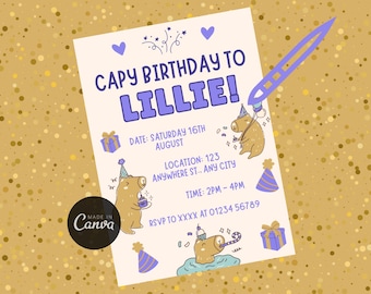 Capybara Birthday Invitation | Editable Canva Template | Cute Animal Party Invite | Printable Kids Birthday Invite
