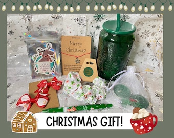 Christmas Eve Gift Box, Christmas Glass Cup with Straw, Teen Girl Christmas Gift, Secret Santa Present, Festive Gift Set