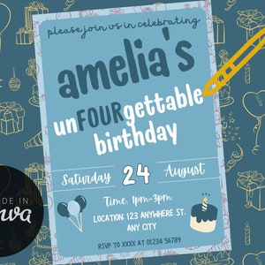 Plantilla de invitación de cumpleaños inolvidable, invitación editable para fiesta infantil, descarga digital divertida y colorida, personalizable en Canva.
