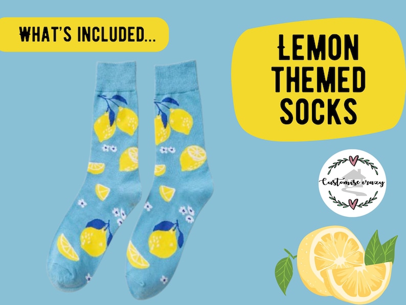 May include: A pair of light blue socks with a lemon theme. The socks feature a pattern of yellow lemons, lemon slices, and small white flowers. The text "Lemon Themed Socks" is displayed in a yellow bubble.