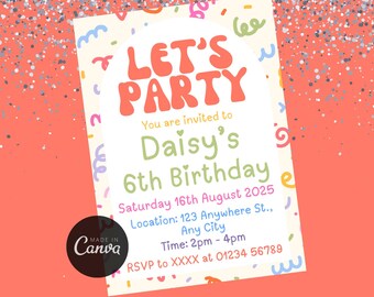 Let’s Party Birthday Invitation Template, Editable Canva Kids Party Invite, Colourful Confetti Birthday Invitation, Instant Download