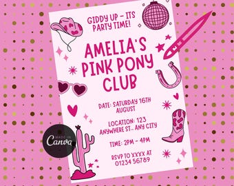 Invitation rose d'anniversaire de cow-girl | Faire-part rose à thème au poney club | Modèle modifiable Canvas | Téléchargement numérique imprimable