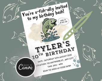 May include: A birthday invitation with a cartoon fish jumping out of water. The invitation reads "You're o-fish-ally invited to my birthday bash!" and "Tyler's 10th Birthday". The background is a teal color with fish illustrations.