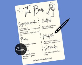 Plantilla de letrero para menú de bar de bodas, menú de bebidas de autor editable, letrero de cóctel imprimible en Canva, menú de bar para él y para ella, descarga digital