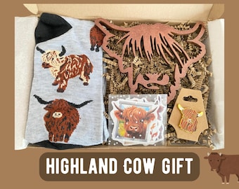 Highland Cow Gift Box for Men – Socks, Coaster, Brooch & Stickers – Letterbox Gift Set, Scottish Cow Lover Present, Birthday Hamper for Him