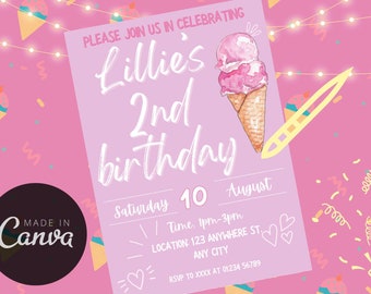 Può includere: Un invito di compleanno rosa e viola con un'illustrazione ad acquerello di un cono gelato. L'invito dice "Si prega di unirsi a noi per celebrare il 2° compleanno di Lillie" e include la data, l'ora e il luogo della festa.
