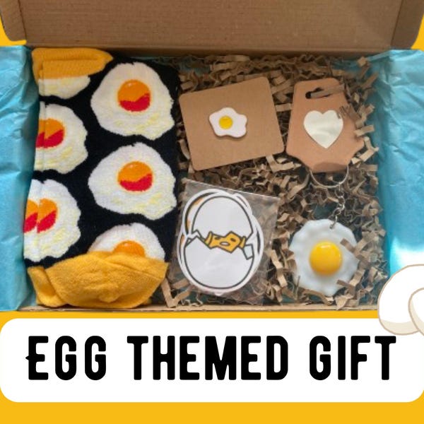 Fried Egg Lover Gift Set, Funny Breakfast Socks Brooch Keychain Stickers, Brunch Foodie Letterbox Gift, Quirky Care Package Idea