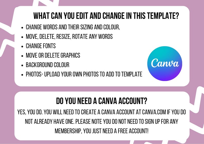Peut inclure: Un graphique rose et blanc avec le texte "WHAT CAN YOU EDIT AND CHANGE IN THIS TEMPLATE?" et une liste de fonctionnalit&eacute;s modifiables. Le graphique comprend &eacute;galement le texte "DO YOU NEED A CANVA ACCOUNT?" et une explication sur la fa&ccedil;on de cr&eacute;er un compte Canva gratuit. Le graphique comprend le logo Canva.