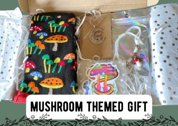 Mushroom Lover Gift For Him - Fungi Gift Ideas - Crew Socks, Charm Bracelet, Mushroom Necklace - Boyfriend Letterbox Gift Set