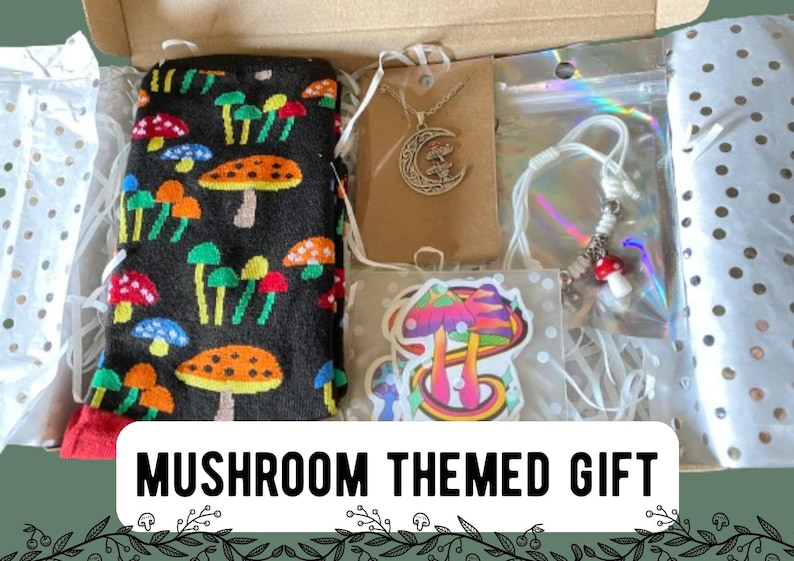 Mushroom Lover Gift For Him - Fungi Gift Ideas - Crew Socks, Charm Bracelet, Mushroom Necklace - Boyfriend Letterbox Gift Set image 1