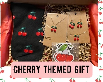 Cherry Letterbox Gift Set, Pamper Hamper for Her, Cherry Gift Box for Women, Self Care Gift, Cherry Earrings & Jewellery Set, Care Package