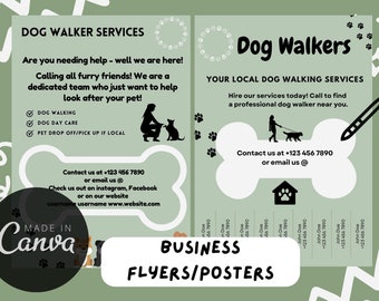 May include: Green and white flyer with a paw print design. The flyer advertises dog walking services. The text reads "Dog Walker Services" and "Dog Walkers". The flyer includes a phone number and email address for contact.