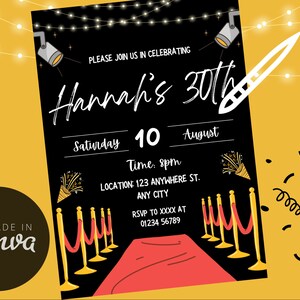 Editable Red Carpet VIP Party Invite, Glamorous Hollywood Birthday Party Invite, Editable Canva Party Invitation, Digital Download