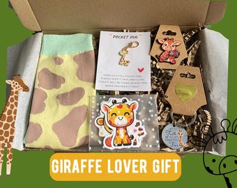 Giraffe Lover Letterbox Gift Set - Giraffe Socks, Keychain, Pocket Hug, Bath Headband, Cute Giraffe Stickers, Animal Lover Gift