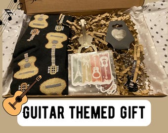 Guitar Lover Gift Box – Guitar Socks, Keychain, Bottle Opener & Stickers – Musician Gift for Him, Letterbox Gift for Guitar Players