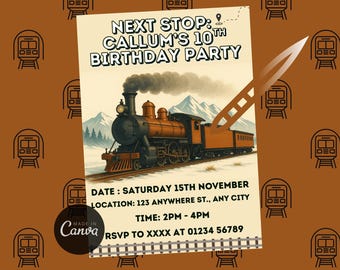 Train Birthday Invitation Template, Editable Canva Train Party Invite, Kids Railway Birthday Digital Invitation, Printable, Instant Download