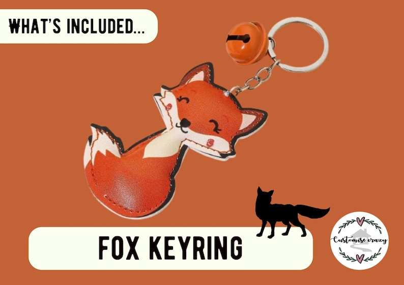 May include: A fox-shaped keyring featuring a cartoon fox with orange and white coloring, attached to a silver-toned metal ring and an orange jingle bell. The image includes the text WHAT'S INCLUDED and FOX KEYRING, plus a black fox silhouette.