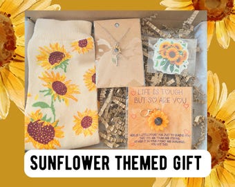 Sunflower Lover Gift Box – Letterbox Care Package with Socks, Keychain Pocket Hug, Necklace & Stickers, Birthday Present or Pamper Box