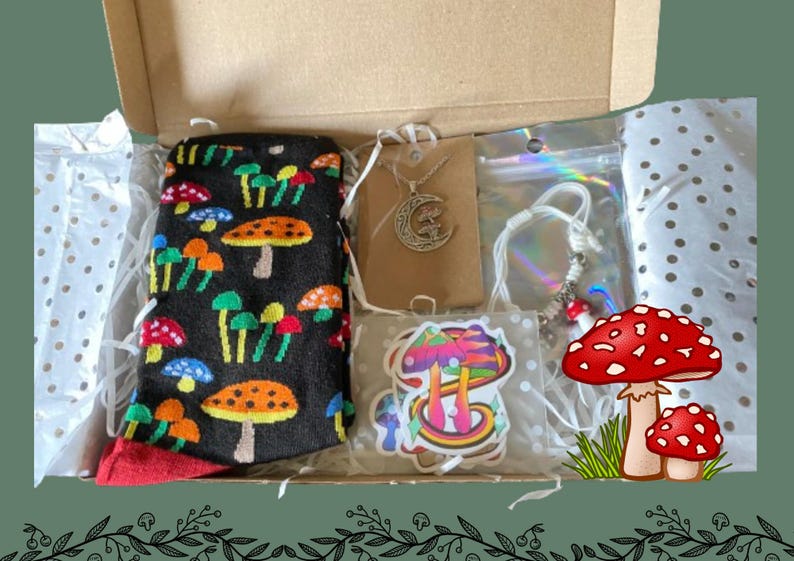 Mushroom Lover Gift For Him - Fungi Gift Ideas - Crew Socks, Charm Bracelet, Mushroom Necklace - Boyfriend Letterbox Gift Set image 2