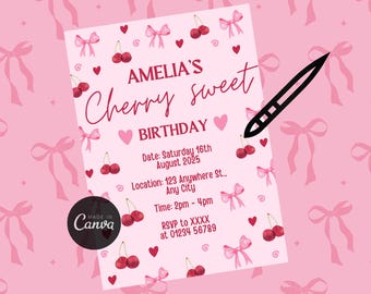Cherry Sweet Birthday Invitation Girl, Pink Bow, Editable Canva Template (Digital Download)