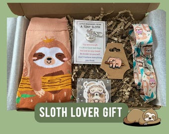Sloth Lover Gift Set - Cute Sloth Socks, Keychain, Necklace & Stickers - Fun Animal Letterbox Gift for Her - Sloth Jewellery