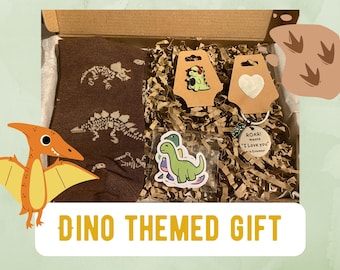 Dinosaur Lover Letterbox Gift Set - Dino Stickers, Keychain, Dinosaur Socks & Brooch | Care Package Gifts For Them