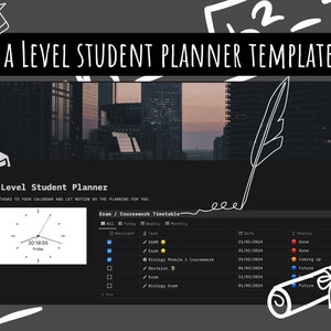 May include: A dark grey screen with a white outline of a graduation cap and a feather pen. The screen displays a student planner template with the text "A Level Student Planner" and a clock showing the time 20:18:05. The planner includes a section for "Exam / Coursework Timetable" with checkboxes, tasks, dates, and status indicators.