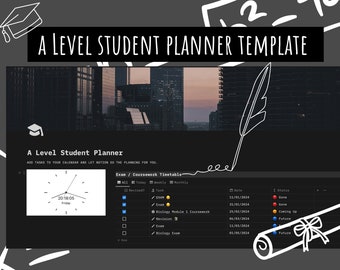 Może przedstawiać: Ciemnoszary ekran z białym obramowaniem czapki absolwenta i pióra. Ekran wyświetla szablon planera dla studentów z tekstem "A Level Student Planner" i zegarem pokazującym godzinę 20:18:05. Planer zawiera sekcję "Exam / Coursework Timetable" z polami wyboru, zadaniami, datami i wskaźnikami statusu.