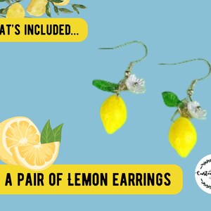 May include: A pair of lemon earrings with yellow fruit, green leaves, and white flowers. The earrings are on a light blue background with the text "WHAT'S INCLUDED..." and "A PAIR OF LEMON EARRINGS".