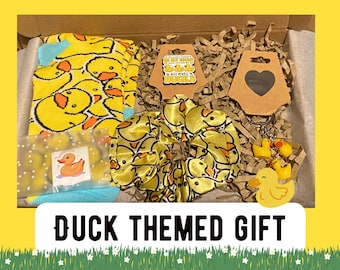 Duck Lover Letterbox Gift Set - Duck socks, Brooch, Scrunchie, Keyring & Stickers, Letterbox Friendly, Animal Lover Gift Ideas