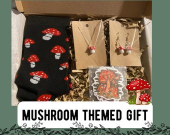 Mushroom Lover Gift Set, Mushroom Socks Necklace Earrings & Stickers, Letterbox Gift for Her, Fungi Birthday Gift, Quirky Gift Set